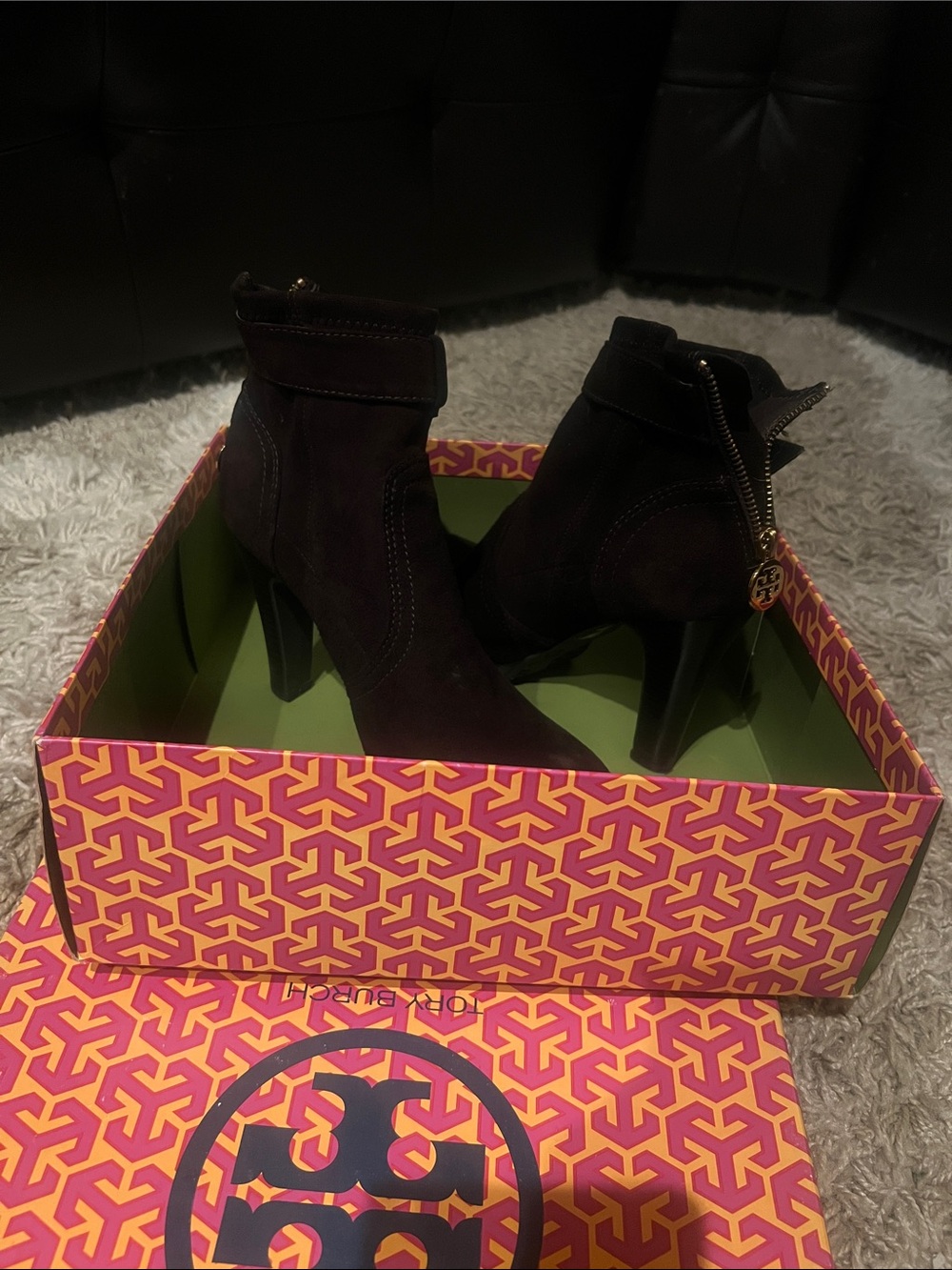 Tory Burch chocolate Suede Ankle Heeled Boots with Logo Zip Charm